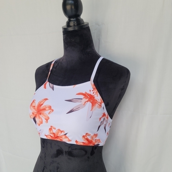 SHEIN Other - NwOT Shein Orange White Floral Print Swim Top High Neck Strap Sz Large L
